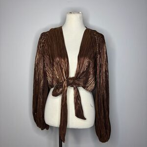 Molly Green- Brown Ribbed Long Sleeve Font Tie Blouse